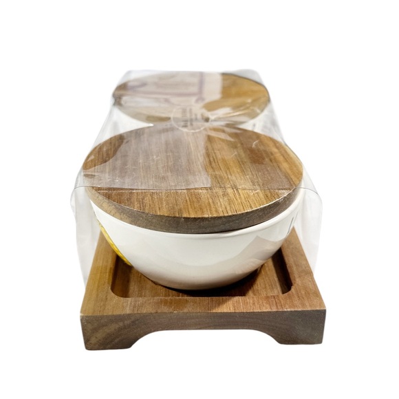 NEW Rae Dunn HARVEST & BLESSED PINCH BOWL SET with Wooden Lid and Serving Tray - Picture 3 of 4